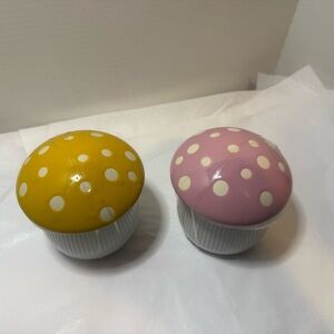 Pair of Mushroom Shaped Ceramic Pink and Yellow Polka Dots Mugs Set of (2)